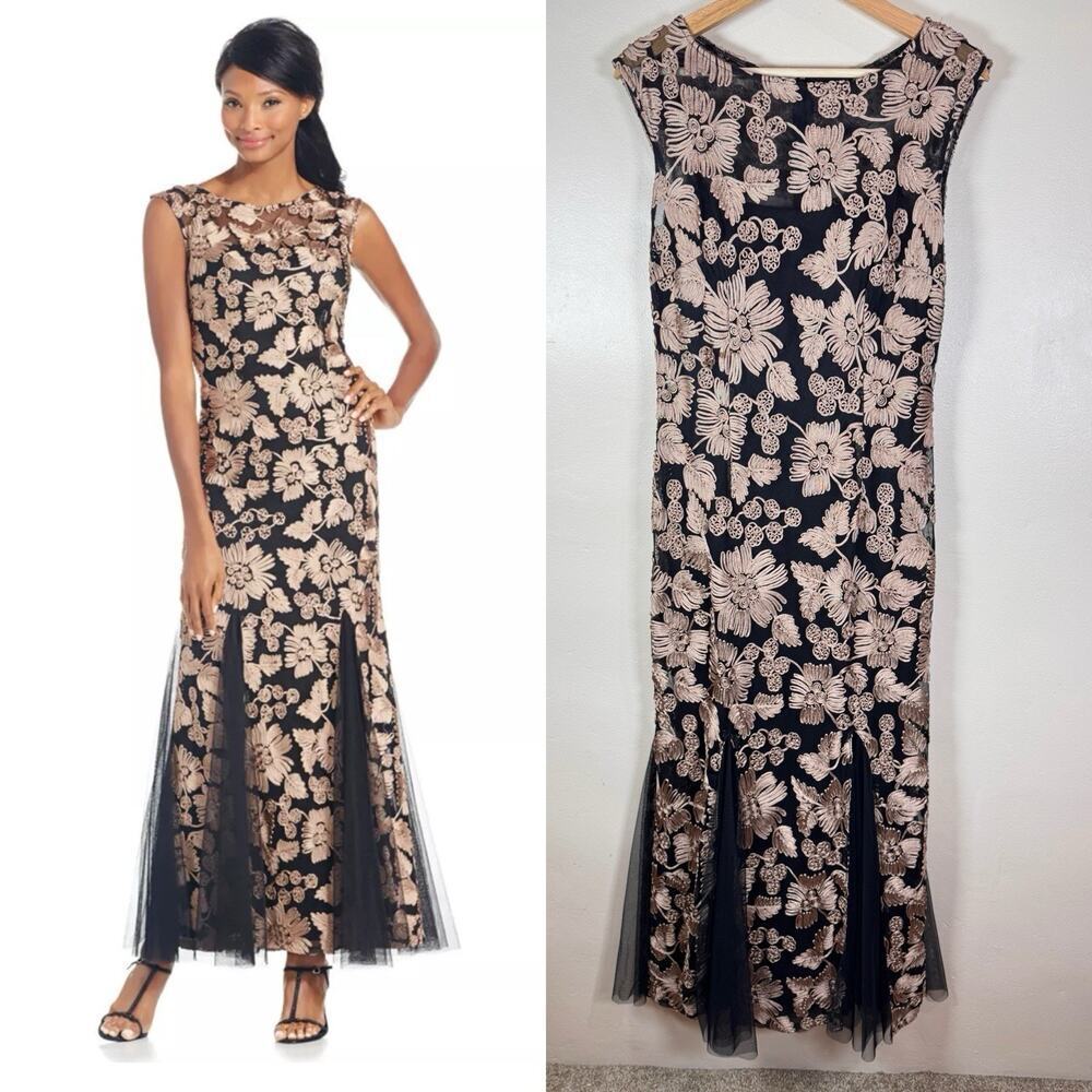 Alex Evenings Womens Formal Dress Floral Soutache Gown Mesh Tulle Maxi 8 Black
